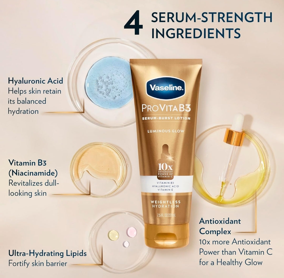 Vaseline Pro VitaB3 Skin Care Serum Burst for Healthy, Glowing Skin Luminous Glow & Supple & Soft 10x Antioxidant Power of Vitamin C with Vitamin B3, Hyaluronic Acid 7.5 fl oz 2Pk