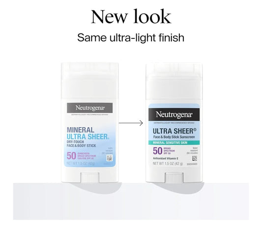 Neutrogena Ultra Sheer Dry Touch SPF 50 Minerale Sonskermstokkie vir Sensitiewe Vel Geen Wit Residu & Veganisties - 1.5 oz