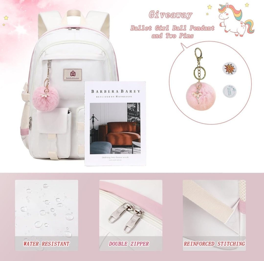 Backpack for Girls Laptop Backpacks 15.6 Inch College Cute Bookbag Anti Theft Primary Elementary School Bag Casual Daypack for Students Teens Girl Women (Beige)