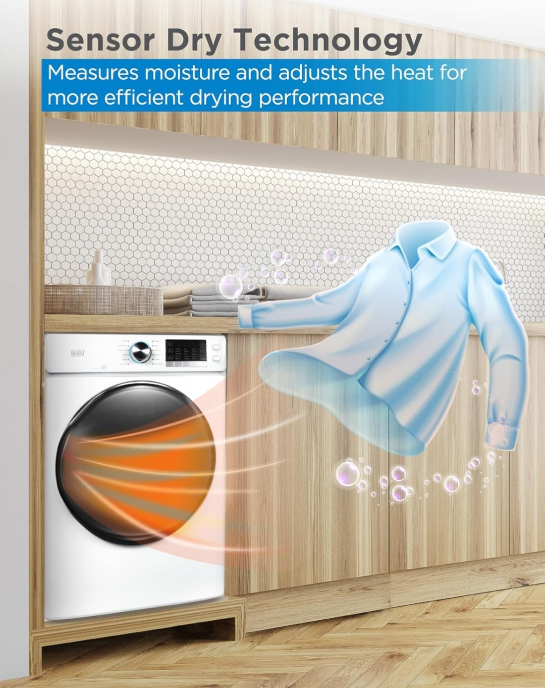 BLACK+DECKER 8.0 Kub. Vt. Elektriese Voorlaai Droër met Stoom, Klere Droër met LED Skerm, 12 Sikluskeuses, ENERGY STAR, 240V Masjien Vereis Professionele Installasie, BFLD80ME, Wit