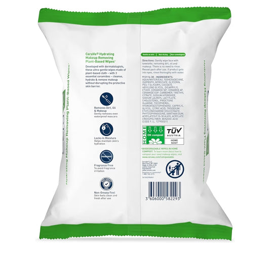 CeraVe Grimeringverwyderingsdoekies, Plantgebaseerde Gesigsdoekies Waterlose Gesigwas Geskik vir Sensitiewe Vel Nie-komedogenies (25st)