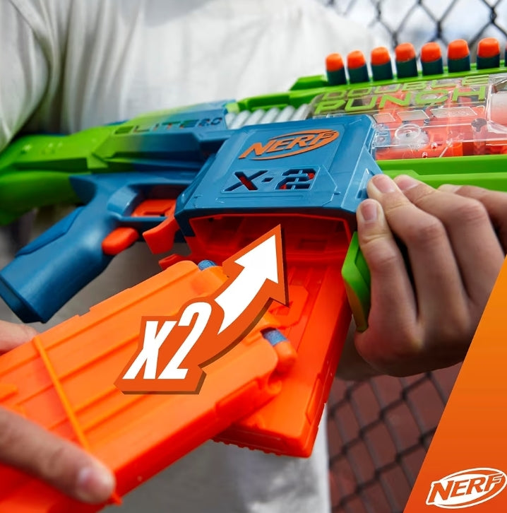 Nerf Elite 2.0 Double Punch Motorized Blaster, 50 Darts, 2x 10-Dart Clips, Ages 8+
