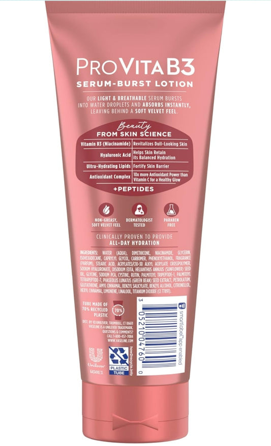 Vaseline Pro VitaB3 Serum Burst Lotion Soepel & Sag Gesonde, Gehidreerde Vel, Liggewig 10x Antioksidantkrag van Vitamien C met Vitamien B3, Hialuronzuur & Peptiede, 7.5 fl oz
