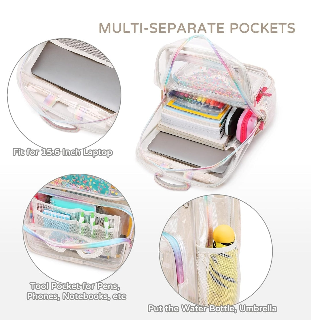 Clear Backpack for Girls Women Transparent Kids Elementary College School Bag Travel Laptop Backpacks Large Bookbags (Beige)