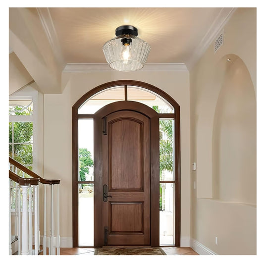 Flush Mount Ceiling Light – Semi Flush Mount Fixture with Textured Glass Shade - Black Ceiling Light Fixture