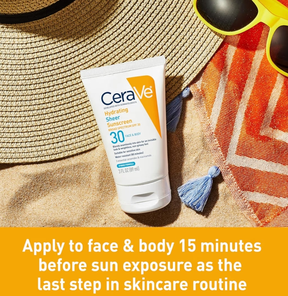 CeraVe Hydrating Sheer Sonbrandroom SPF 30 met sinkoksied, hialuroonsuur en seramiede, parabeenvry + geurvry (85 g)