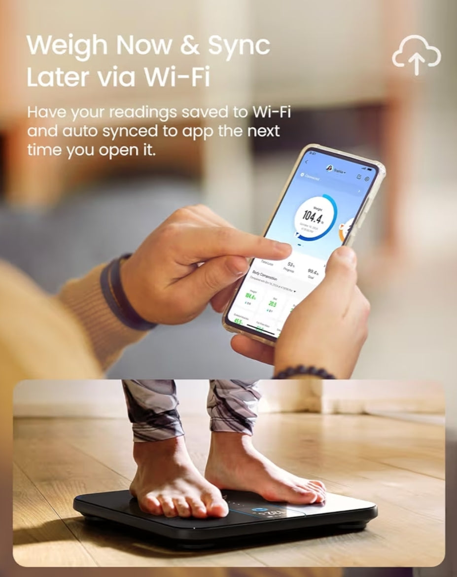 Smart Scale for Body Weight Fat w/ Color Display, Wi-Fi & Bluetooth Fitness Equipment for BMI Muscle Mass Composition, Rechargeable