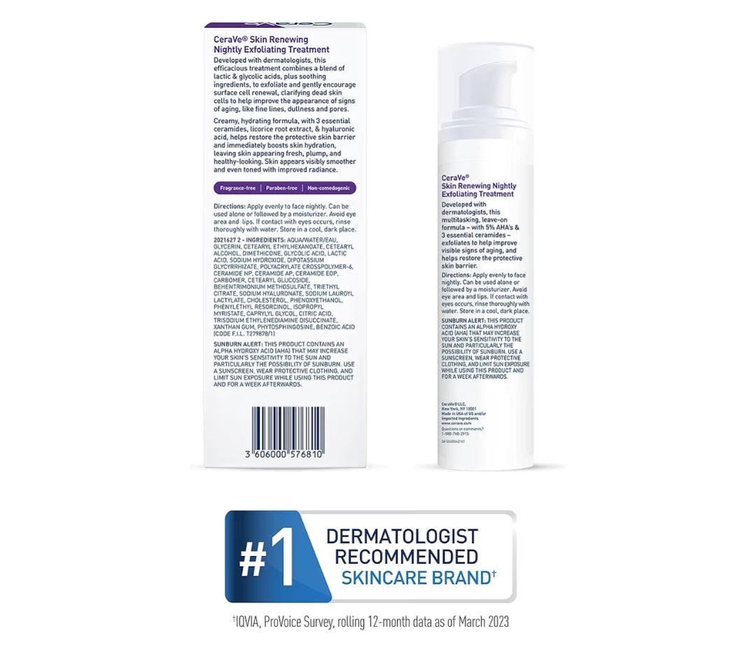 CeraVe Velvernuwende Nagtelike Afskilferende Behandeling, Anti-Veroudering Serum met 5% Glikolsuur en Melksuur Afskilferende Jel (1.7 Oz)