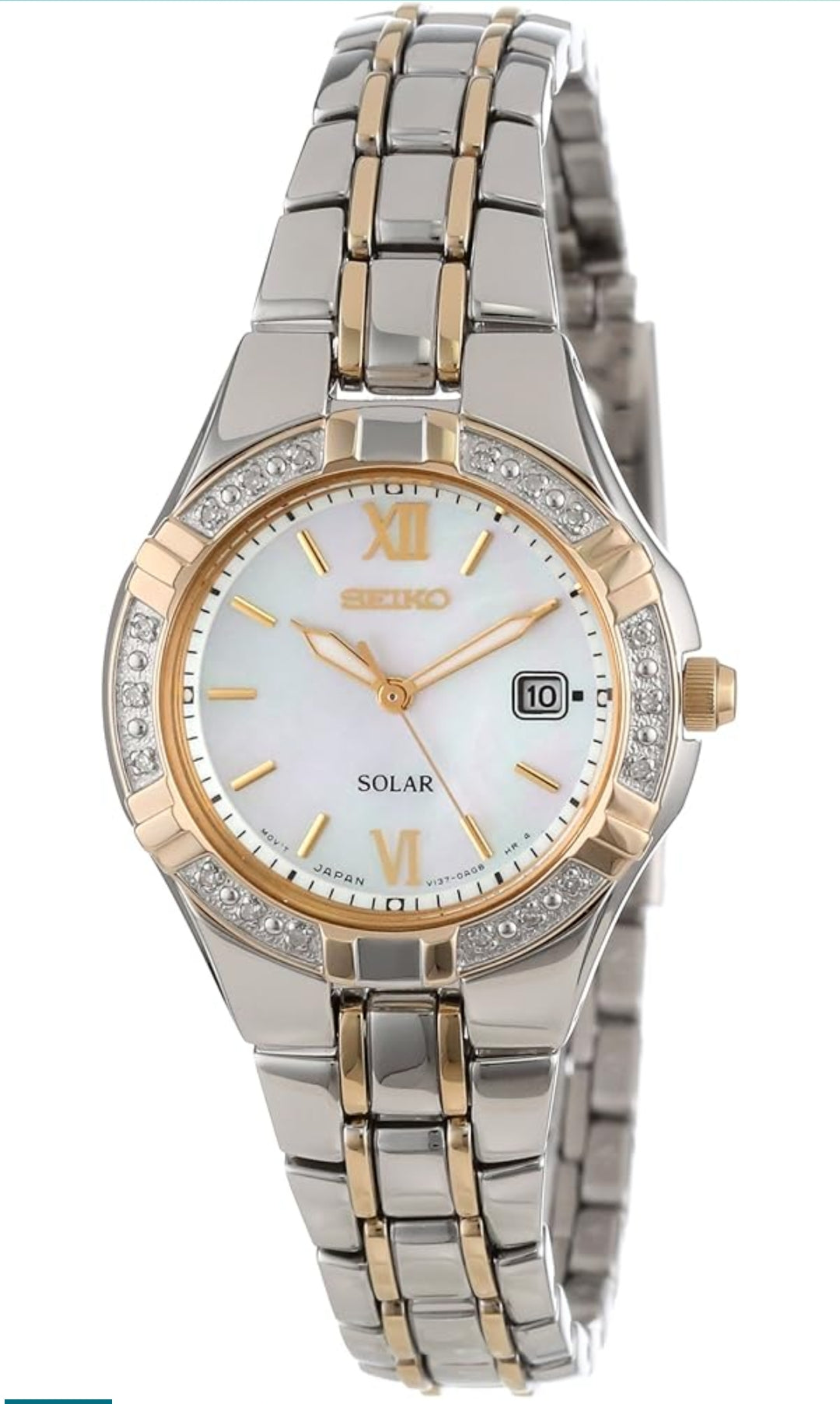 SEIKO Horlosie vir Vroue - Diamantversameling - met 18 Diamantaksente, Sonkrag, Pêrelmoer-Wysplaat, Tweekleurige Roosgoud Vlekvrye Staal Kas & Armband, en Waterbestand tot 50m