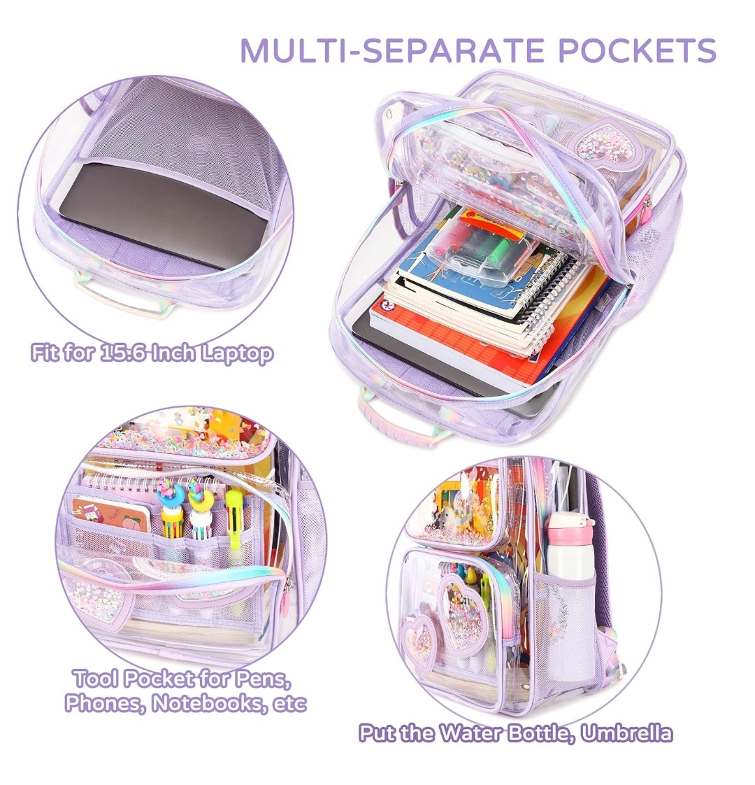 Clear Backpack for Girls Women Transparent Kids Elementary College School Bag Travel Laptop Backpacks Large Bookbags (Purple)