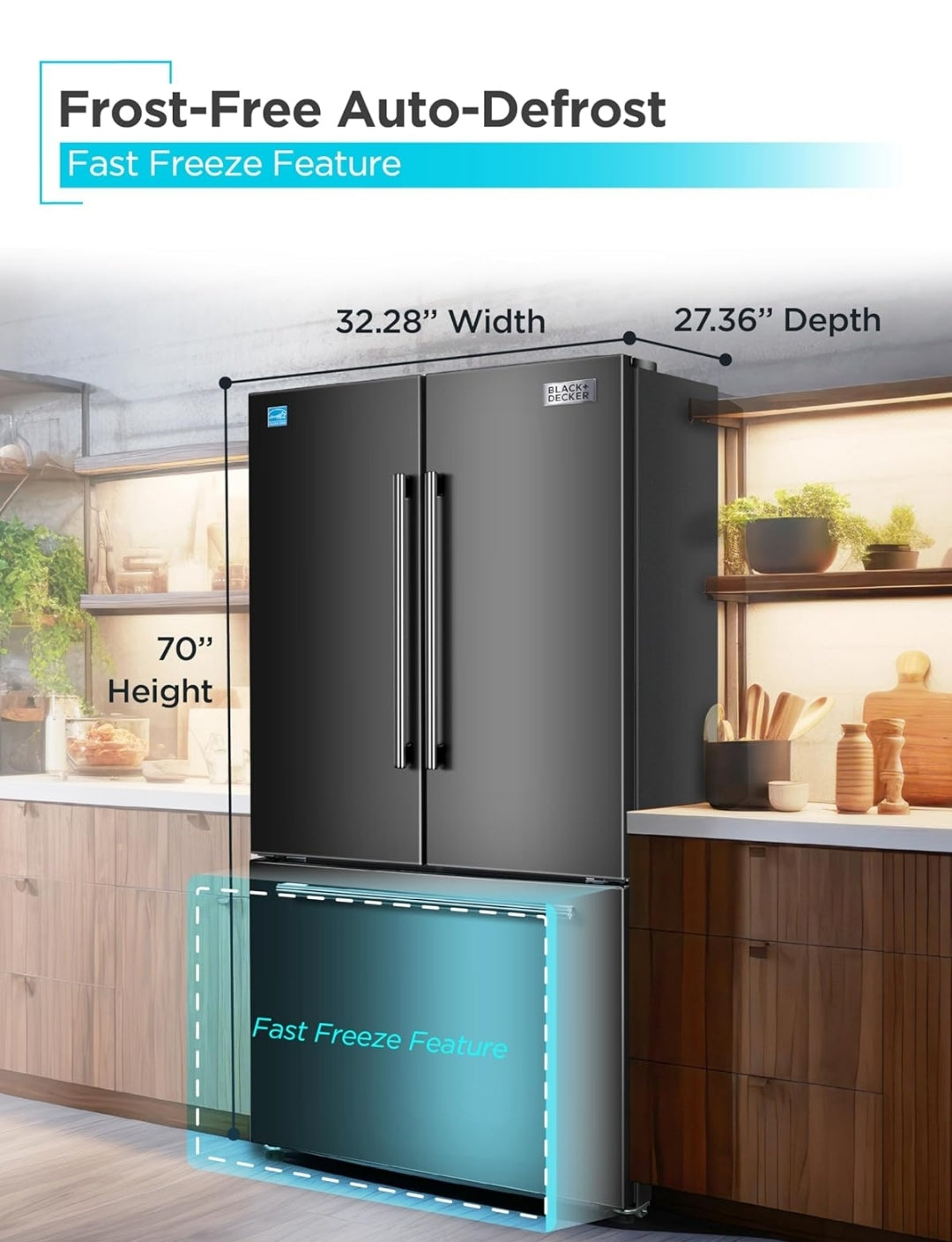 BLACK+DECKER 18 Cu. Ft. Franse Deur Yskas met Ingeboude Ysmaker, Volgrootte Yskas met Ondergemonteerde Vrieslaai, Rypvry, ENERGY STAR-gesertifiseer, BRF1800GIMB, Swart