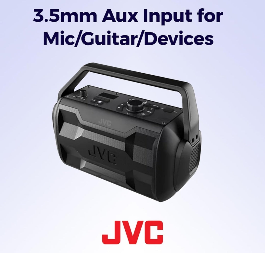 JVC Rover Draagbare Binne/Buite Bluetooth-luidspreker, 30 Watt Kragtige Klank, 30 Uur Battery, IPX4 Waterbestand, USB-poort en Mikrofoon-/Kitaarinvoer - XSS521PB (Swart)