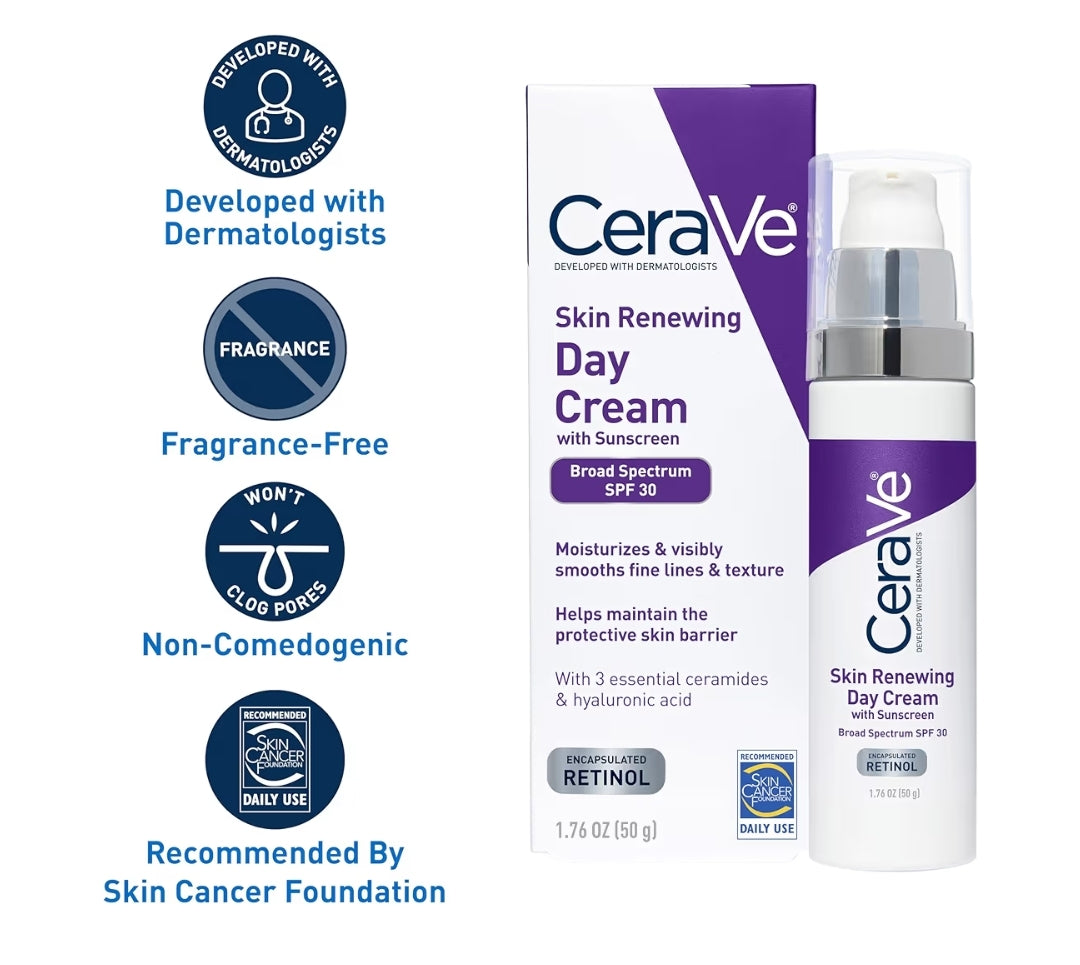 CeraVe Anti-Veroudering Gesigroom SPF 30, Anti-Rimpel Retinol Room met Hialuroonsuur en Seramiede (1.76 oz)