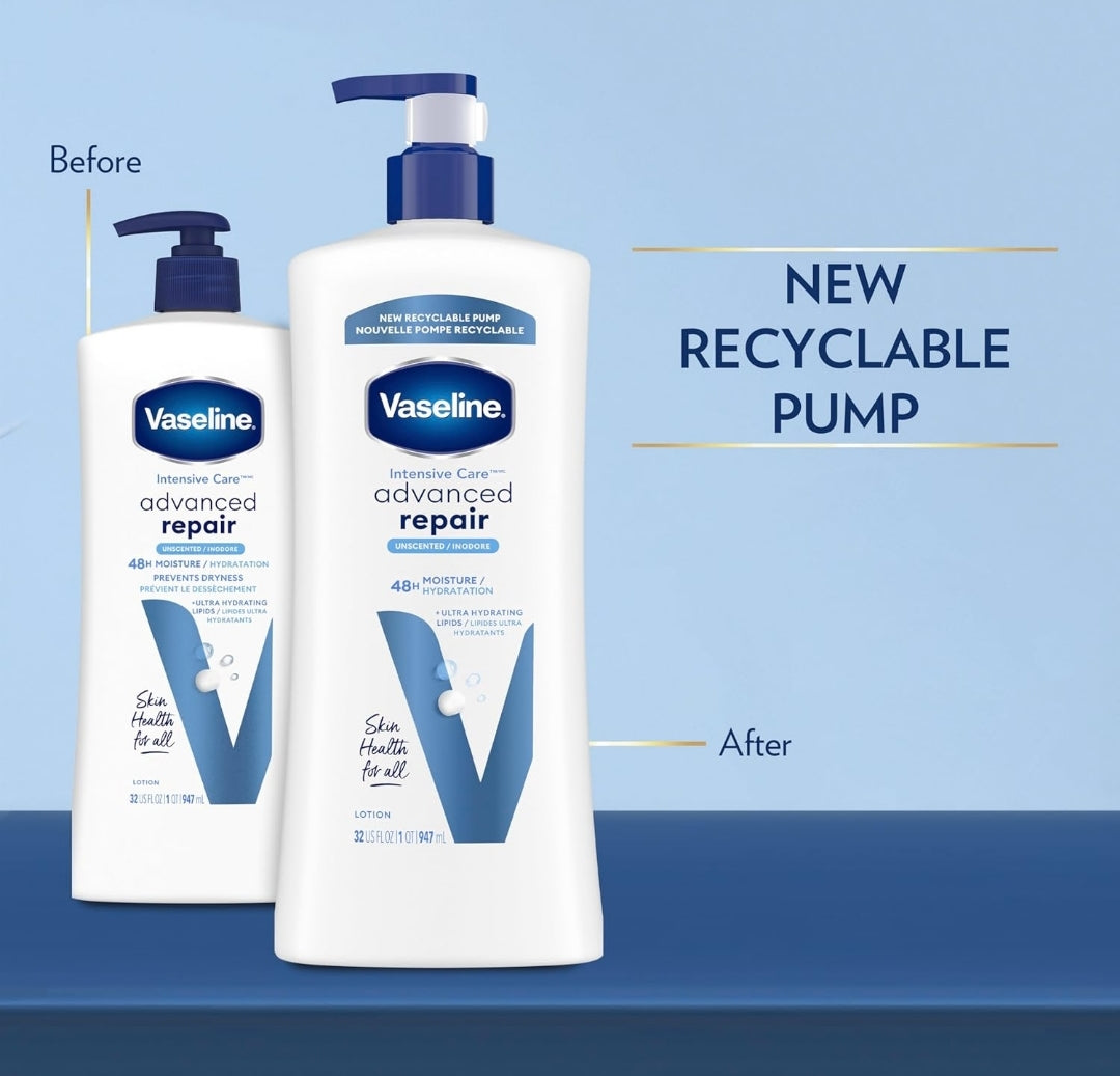 Vaseline Intensive Care Body Lotion Advanced Repair Unscented for Dry Skin Lotion Made with Ultra-Hydrating Lipids + Vaseline Jelly to Repair Extremely Dry Skin 32 Oz