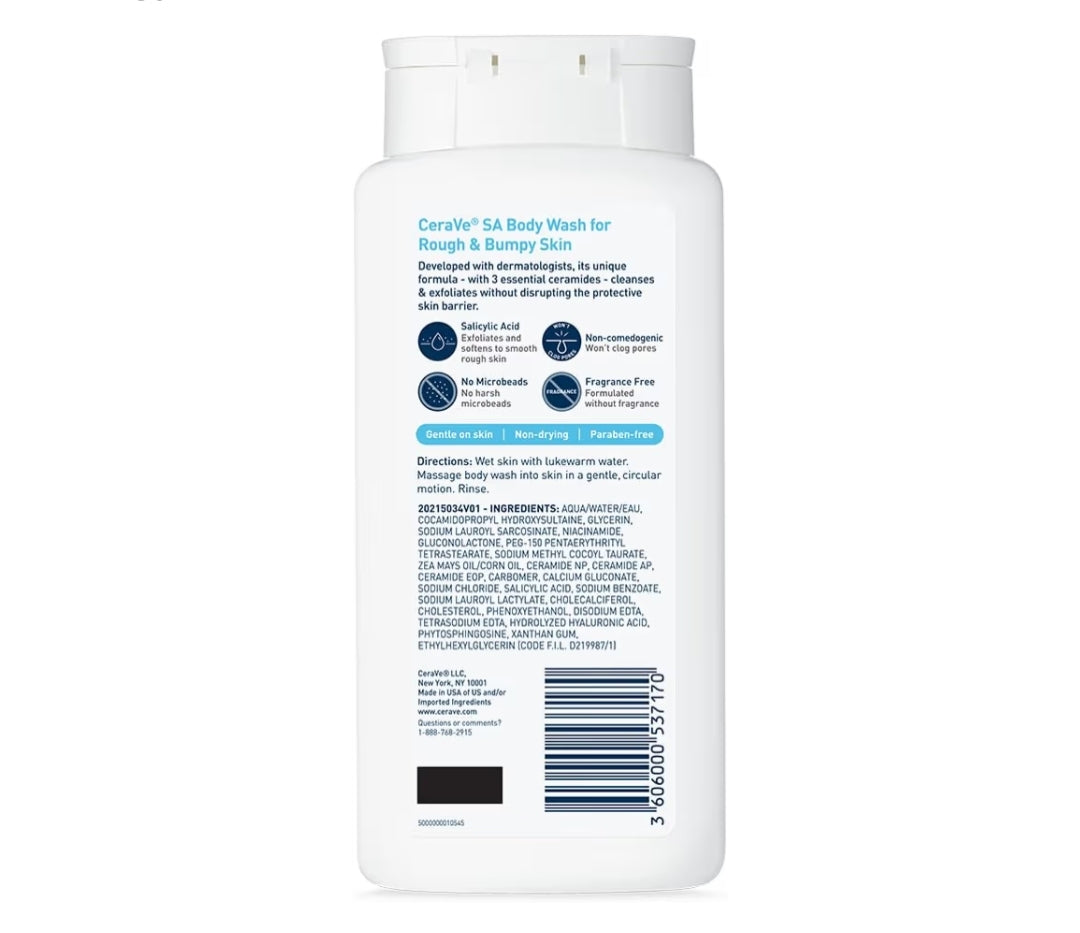 CeraVe Liggaamswas met Salisielsuur, Geurvrye Liggaamswas om Rou en Knopperige Vel te Eksfolieer, Allergiestoets (296 ml)