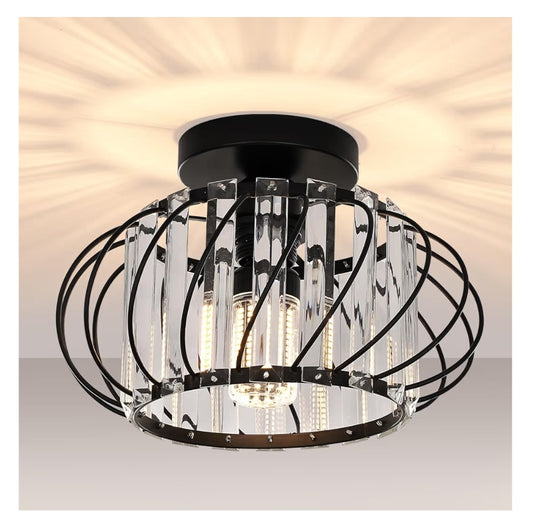Semi-Flush Mount Plafonlig Kristalkandelaar Moderne Swart Plafonlig Armatuur, Gangbeligting