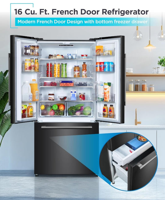 BLACK+DECKER 16 Kub. Vt. Franse Deur Yskas met Ingeboude Ysmaker, Volgrootte Yskas met Ondergemonteerde Vrieslaai, Rypvry, ENERGY STAR-gesertifiseer, BRF1600GIMB, Swart
