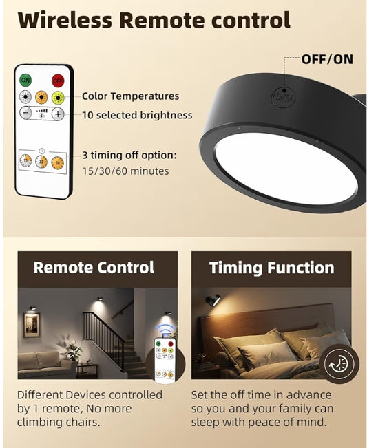 LED Wall Mounted Lights Wall Light Rechargeable, Remote and Touch Control, 360°Rotation, Dimmable, Cordless, 5500mAh - (3 PK)