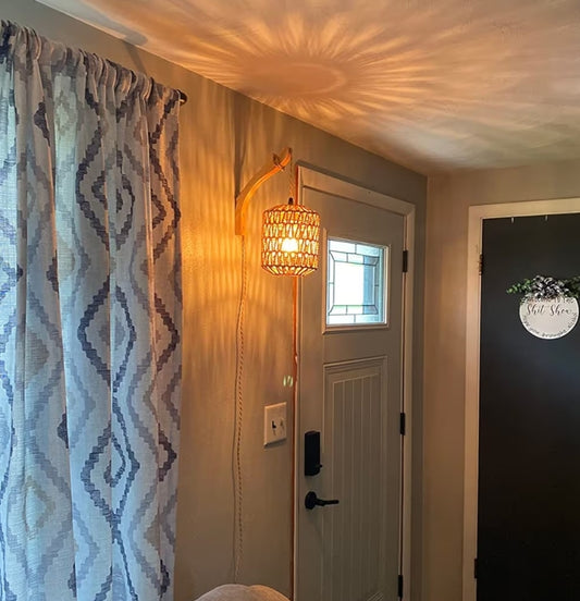 Rattan Wall Lamp with Plug in Cord Hand Woven Sconces Paper Rope Wall Mounted Light Boho Wall Lighting