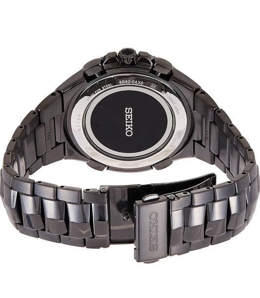 SEIKO-horlosie vir Mans - Coutura-versameling - Radio Sync Solar Chronograph, Tweekleurige Vlekvrye Staal Kas en Armband, Swart Wysplaat met Lumibrite-wysers en -merkers, en Datumkalender