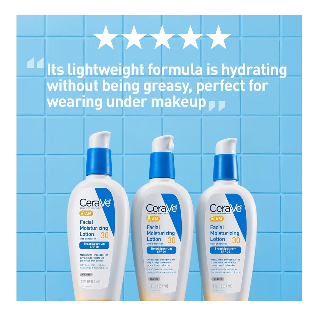 CeraVe AM Gesigsbevogtigende Lotion met SPF 30, Olievrye Gesigsbevogtiger met Hialuronzuur, Niasienamied en Seramiede, Nie-komedogenies (85 g)