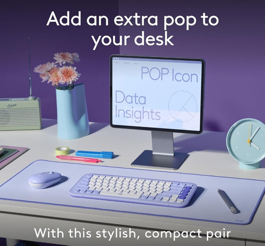 Logitech POP ICON Combo, Bluetooth-sleutelbord-en-muis-kombinasie, Gemaklike Tik, programmeerbare Sleutels en Knoppies, Stil kliek, Maklike-Skakel tot 3 Toestelle - Lilak