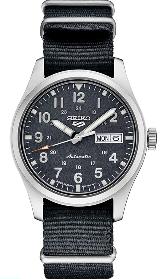 SEIKO Horlosie 5 Sports Outomaties met Handopwen-beweging, Swart Wysplaat, Vlekvrye Staal Kas, Swart Nylon Band, 100m Waterbestand