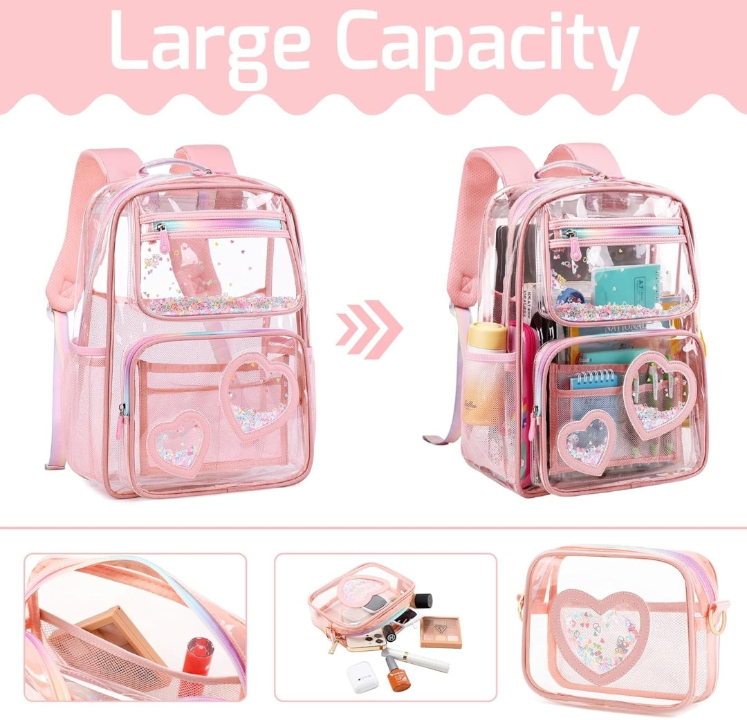 Girls Clear Backpack,2 PCS Large Backpacks Set,Heavy Duty Bookbag Stadium Approved Daypack Transparent Women Bag See Through Daypack for Kids Elementary Middle School Students Teens Sport Pink