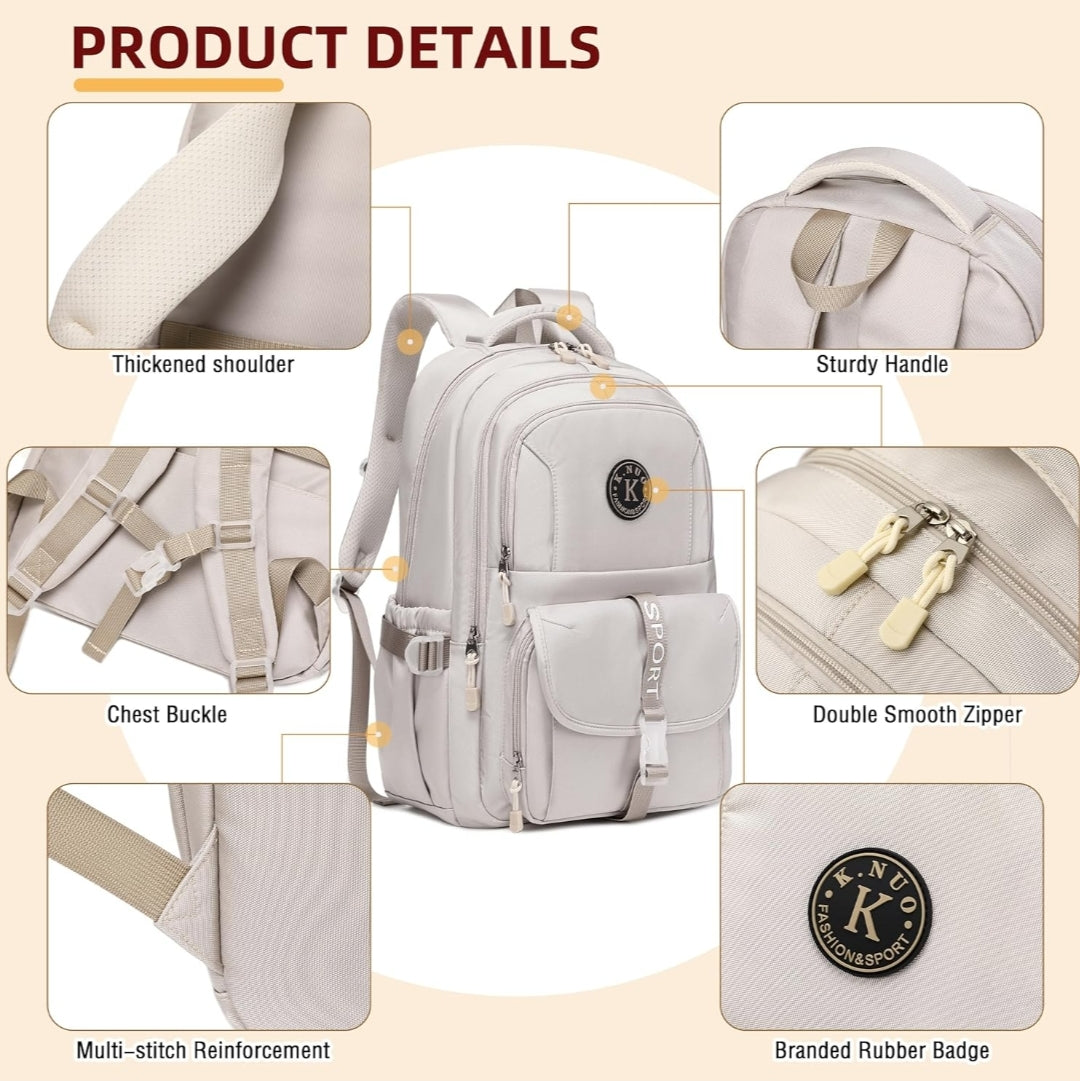 College Backpack, Travel Laptop Backpacks, Large Kids School Bag for Teens Girls Boys Students Bookbag Fit for 15.6 Inch Computer Waterproof Business Work Back Pack for Women Men Daypack Beige