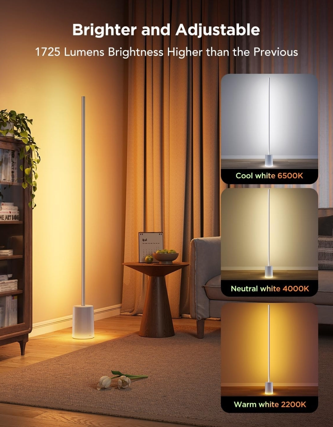 Govee Floor Lamp 2 with Matter, RGBIC, Warm Cool White LED, Alexa Compatible, 1725lm, Music Sync, Scene Modes, Smart Floor Lamp for Living Room, Bedroom, Silver(1 Pack)