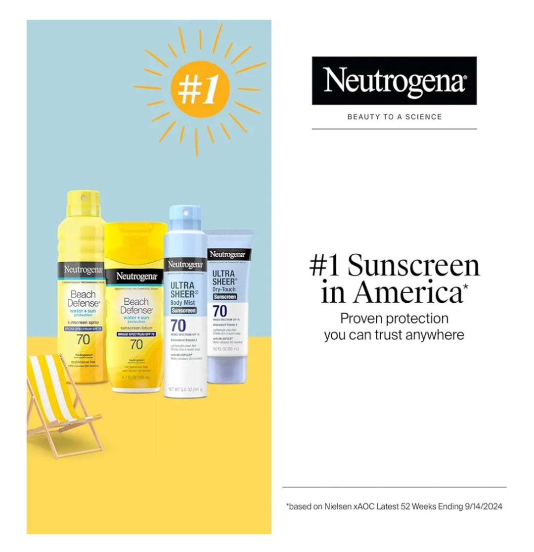 Neutrogena Ultra Sheer Body Mist Sonbrandroom Spuit SPF 70 Nie-vetterig & Waterbestand UVA/UVB, 142g - Pak van 3
