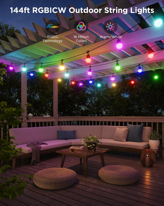 Govee Smart Outdoor String Lights 2, 144vt Buiteligte met Dimmerbare Warmwit LED-gloeilampe, 47 Toneelmodusse vir Patio, Agterplaas, Balkon, IP65 Waterdig, Werk met Alexa, Toepbeheer