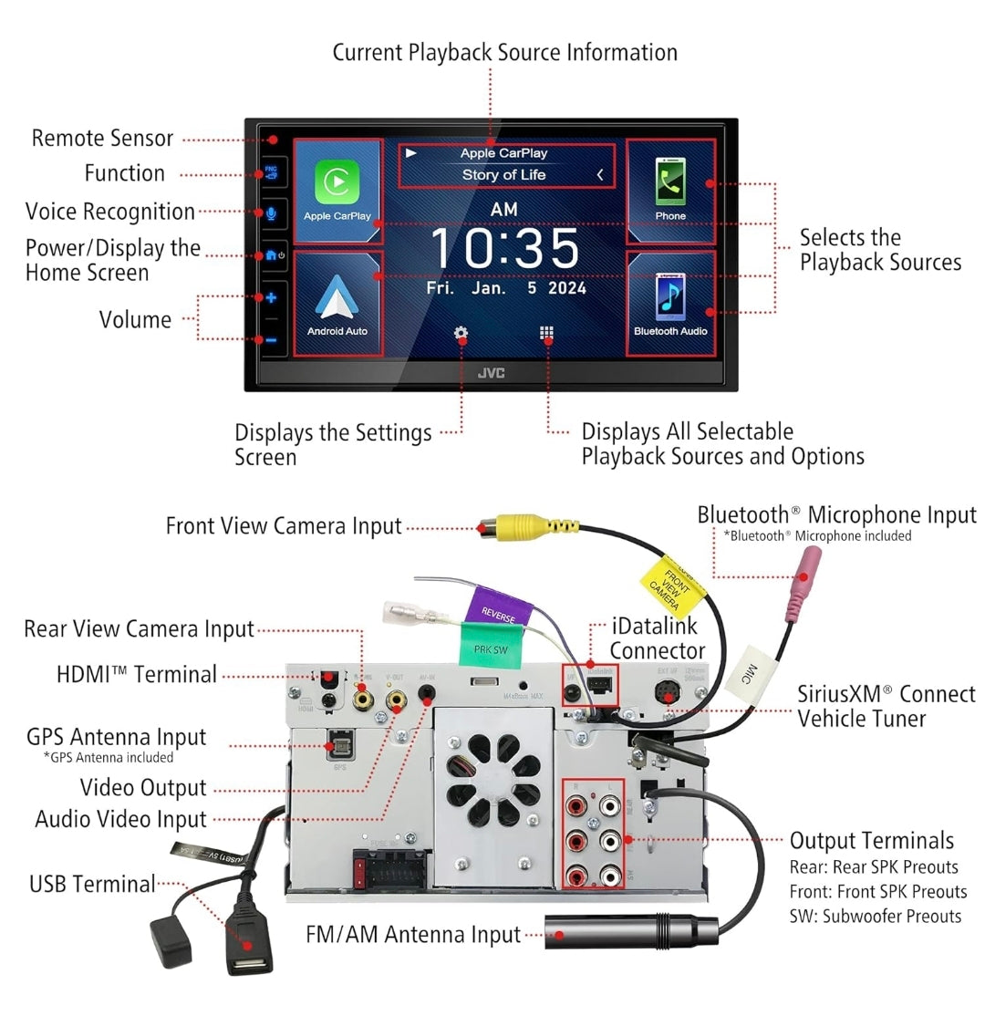 JVC KW-M788BH Apple CarPlay Android Auto Digitale Mediaspeler, Dubbel Din, 6.8 Duim LCD Raakskerm, AM/FM, HD Radio, Bluetooth, MP3-speler, USB-poort, iDatalink Maestro, SiriusXM, Motorradio