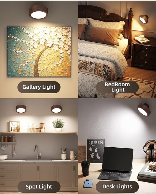 LED Wall Mounted Lights, 5500mAh Rechargeable Remote and Touch Control, 360°Rotation Dimmable Cordless (1 PC- Walnut)