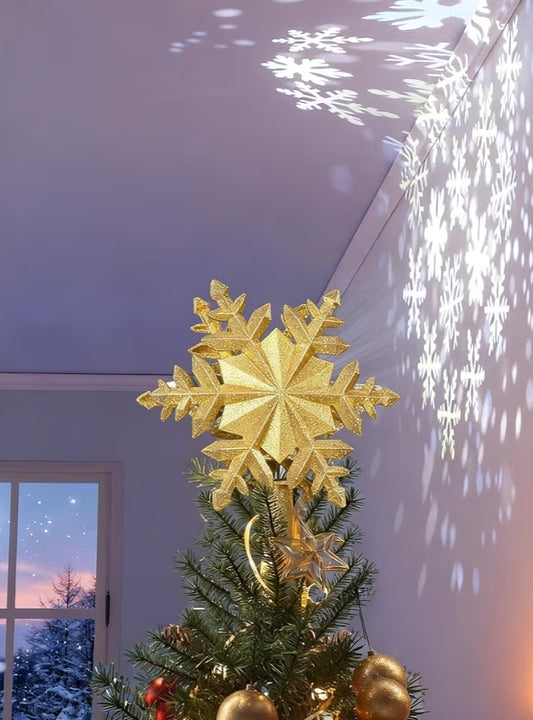 Christmas Tree Topper Lighted w/ Golden Snowflake Projector, Led Rotating, 3D Hollow Glitter Lighted Decorations