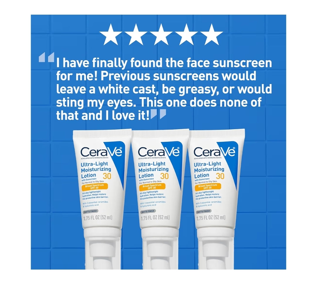 CeraVe Ultra-ligte Bevogtigende Lotio met SPF 30, Daaglikse Gesigbevogtiger geformuleer met Hialuronzuur & Seramiede - 1.7 oz