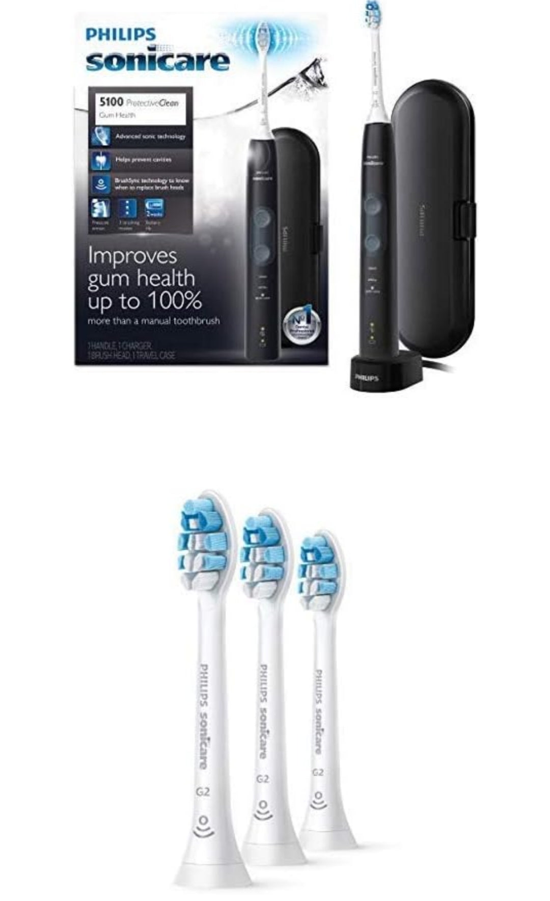 Philips Sonicare ProtectiveClean 5100 elektriese herlaaibare tandeborsel met opregte Philips Sonicare Optimal Gum Health-vervangingsborselkoppe, swart 3-pak