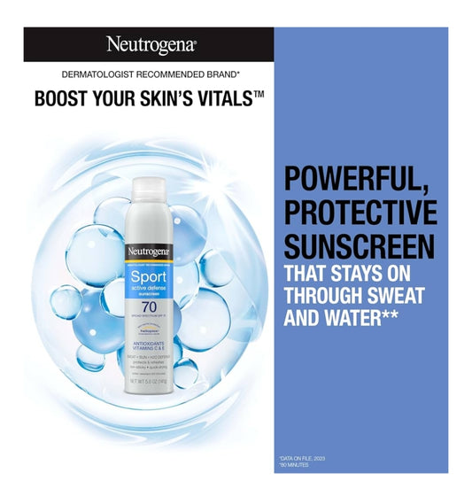 Neutrogena Sport Active Defense SPF 70 Sonbeskermingssproei, Sweet- en Waterbestand Oksibensoonvry, Dubbelpak (5 oz)