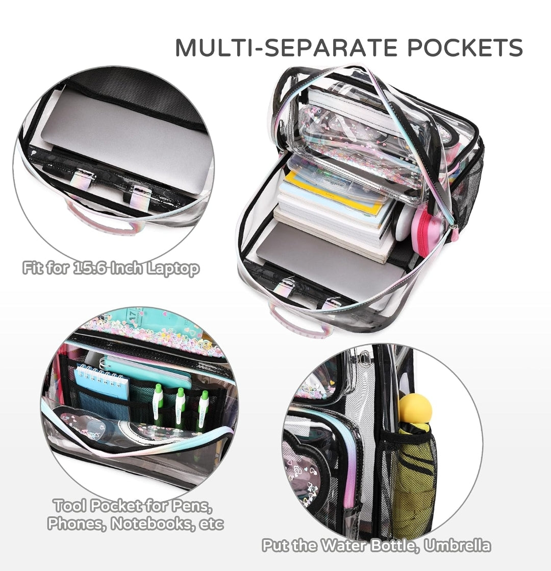 Clear Backpack for Girls Women Transparent Kids Elementary College School Bag Travel Laptop Backpacks Large Bookbags (Black)