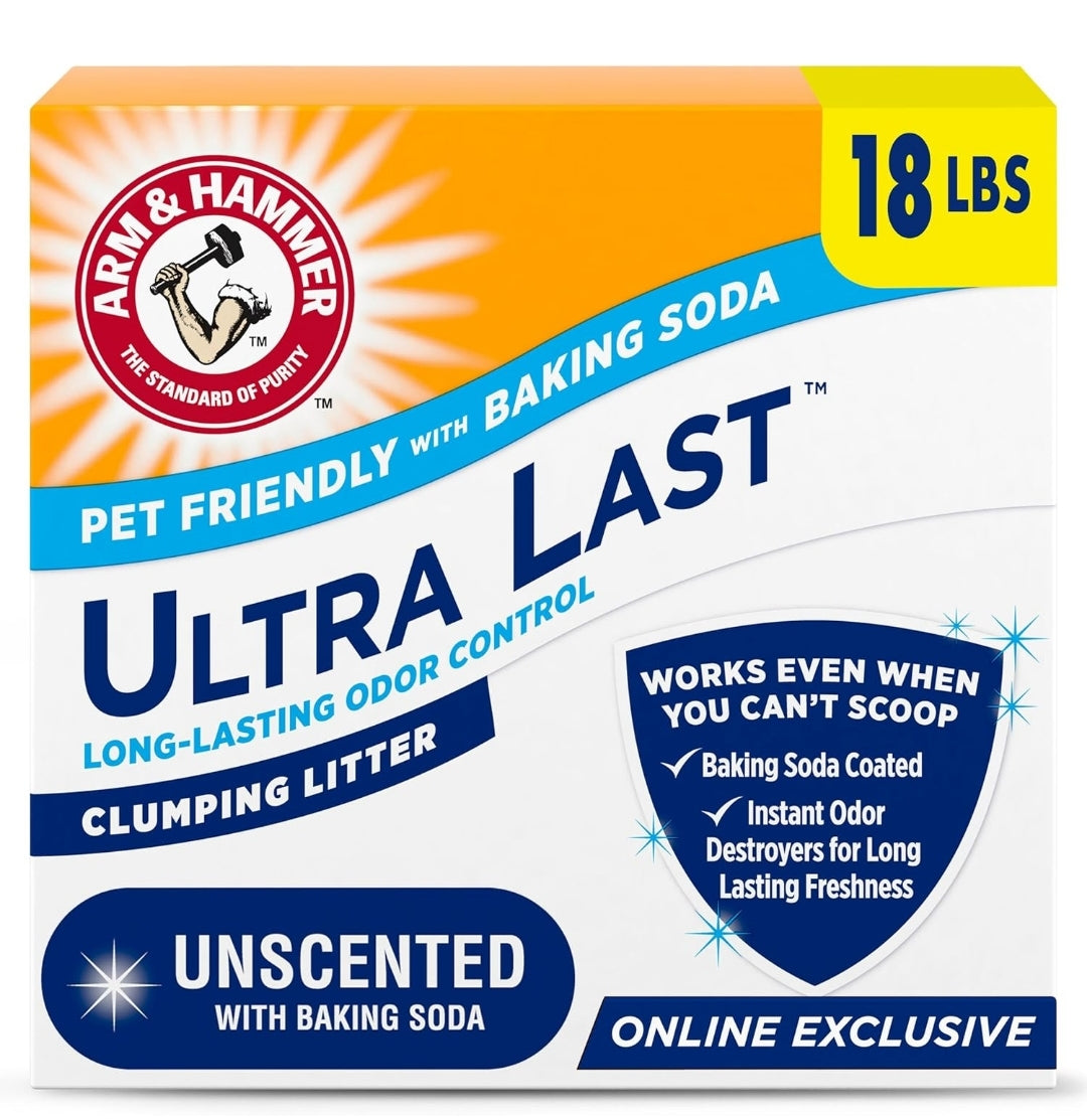 ARM & HAMMER Ultra Last Clumping Cat Litter Unscented MultiCat 18 Lbs. Pet Friendly with Baking Soda Odor Control Litter