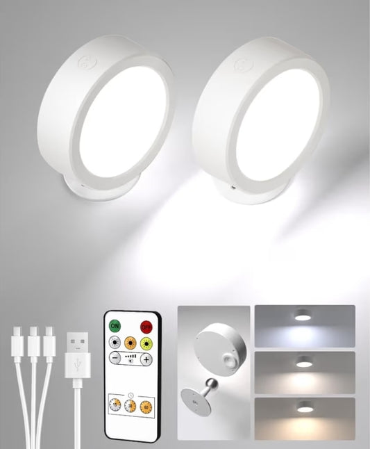 LED Wall Mounted Lights, 2 Pack 5500mAh Rechargeable Remote and Touch Control, 360°Rotation Dimmable Cordless (White)