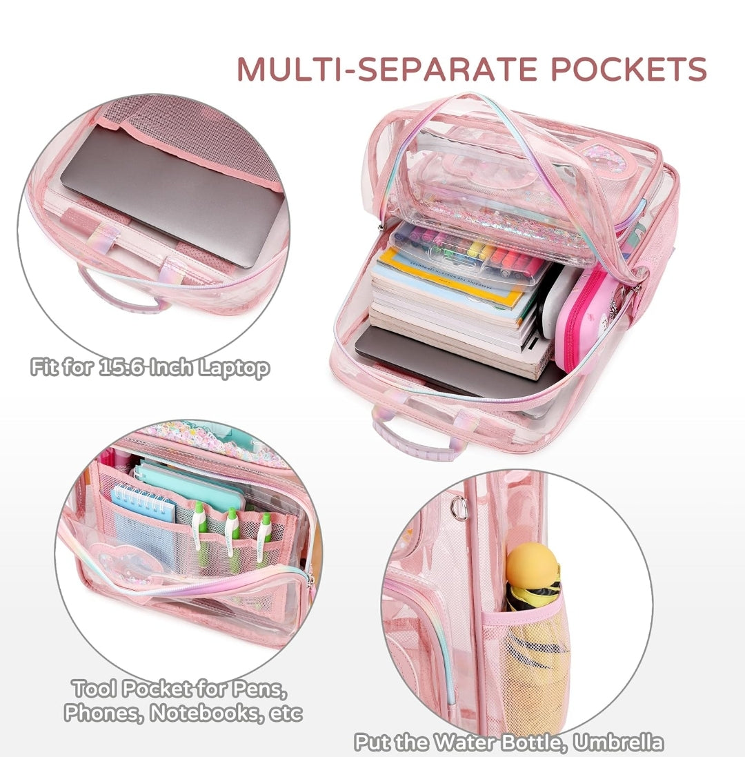 Clear Backpack for Girls Women Transparent Kids Elementary College School Bag Travel Laptop Backpacks Large Bookbags (Pink)