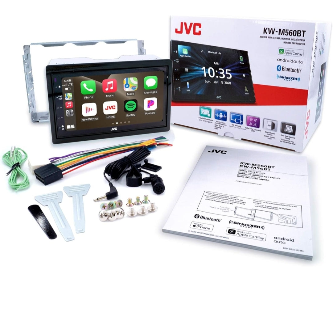 JVC KW-M560BT Apple CarPlay Android Auto Multimedia Speler met 6.8" Kapasitiewe Raakskerm, Bluetooth Oudio en Hands-Free Oproepe, MP3-Speler, Dubbel DIN, 13-Band EQ, SiriusXM, AM/FM Motorradio