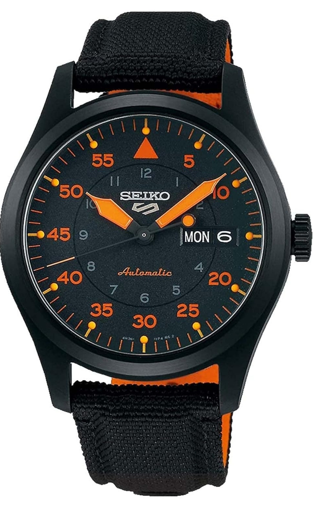 Seiko-horlosie, 41-uur kragreserwe, vlekvrye staal kas, swart nylonbandjie, blou en oranje wyserplaat, 100m waterbestand