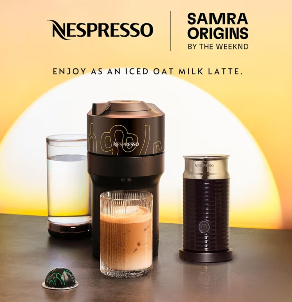 Nespresso Vertuo Pop+ Koffie- en Espressomasjien deur De'Longhi, Samra Origins deur The Weeknd Vertuo Buna Geel Aeroccino3 melkskuimer