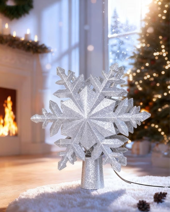 Christmas Tree Topper Lighted w/ Silver Snowflake Projector, Led Rotating, 3D Hollow Glitter Lighted Decorations