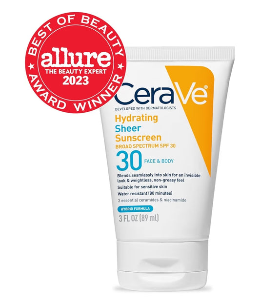 CeraVe Hydrating Sheer Sonbrandroom SPF 30 met sinkoksied, hialuroonsuur en seramiede, parabeenvry + geurvry (85 g)