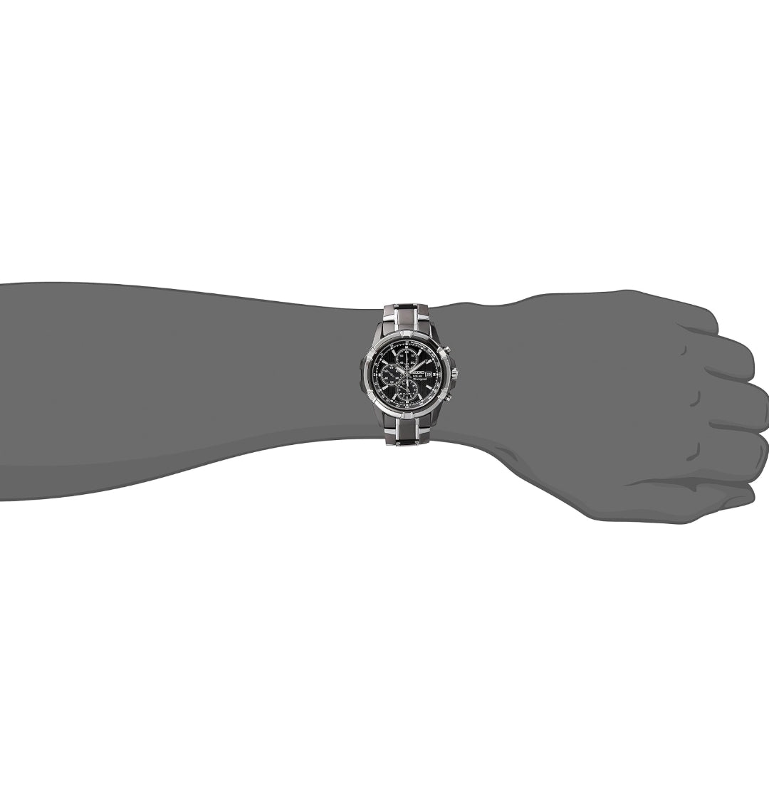 SEIKO Horlosie met Sonkrag-Chronograaf, Datumkalender en LumiBrite Wysers, Vlekvrye Staal en Waterbestand tot 100m – SWART