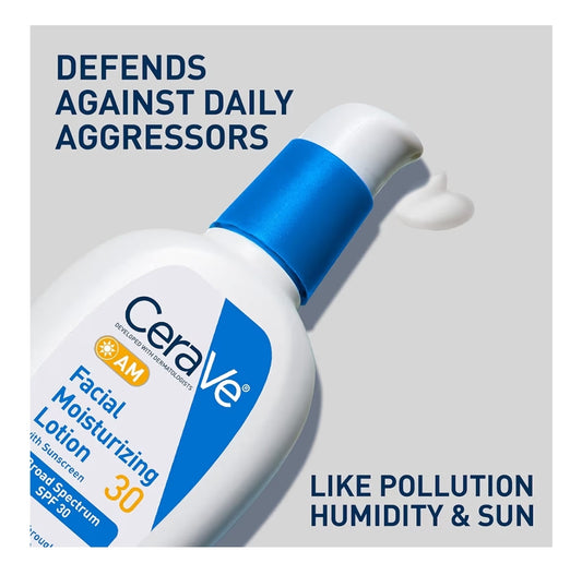 CeraVe AM Gesigsbevogtigende Lotion met SPF 30, Olievrye Gesigsbevogtiger met Hialuronzuur, Niasienamied en Seramiede, Nie-komedogenies (85 g)
