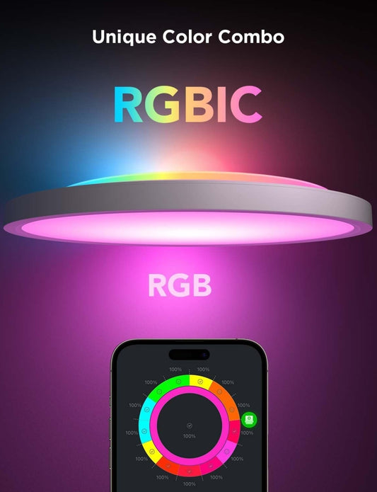 Govee Slim Plafonlig, RGBIC LED-plafonligarmatuur, 2400LM Platmonteerplafonligarmatuur, DIY Kleure, Werk met Alexa, 2200K-6500K Plafonligte vir Slaapkamer, Sitkamer, 12 duim, 1 Pak